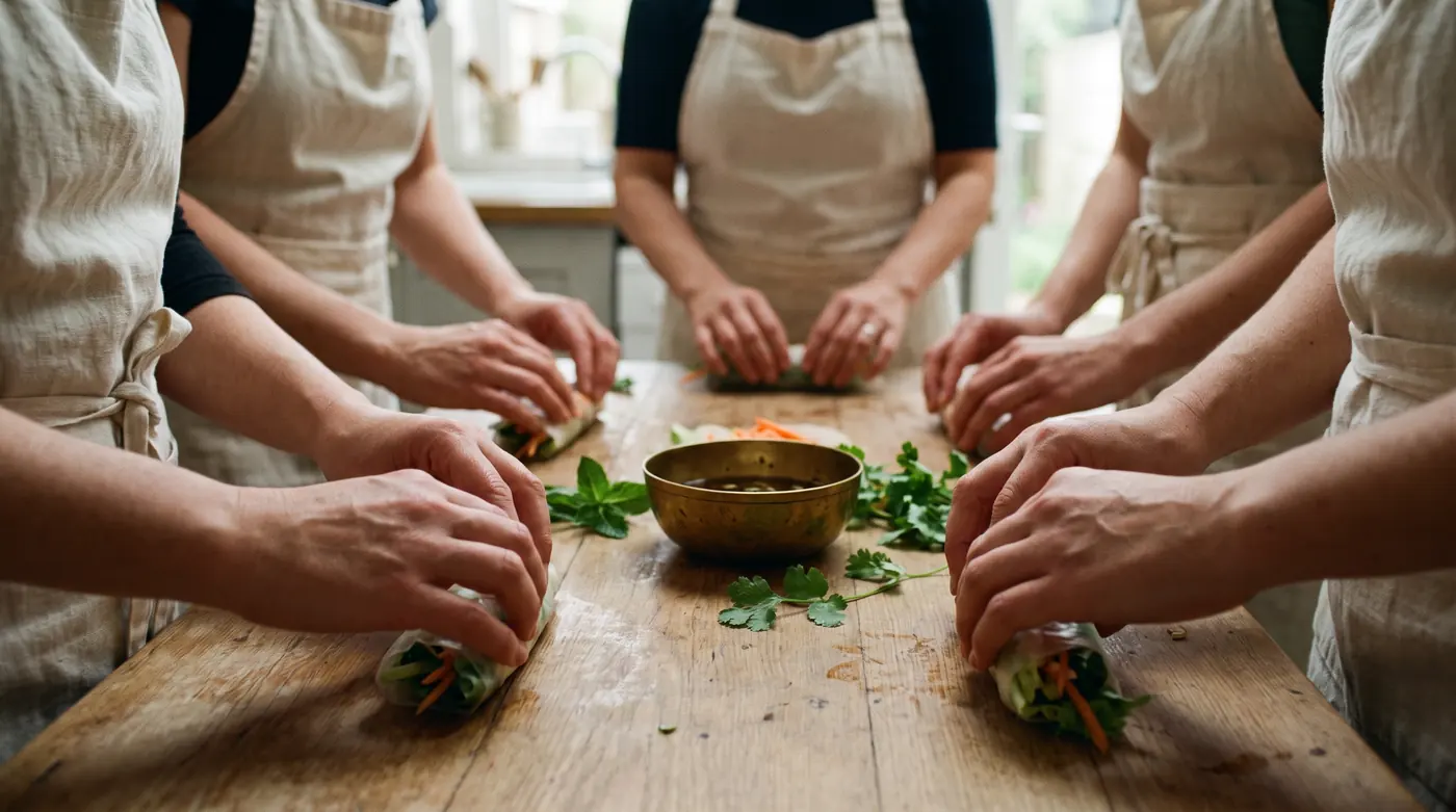 Atelier culinaire : plusieurs paires de mains roulant des rouleaux de printemps