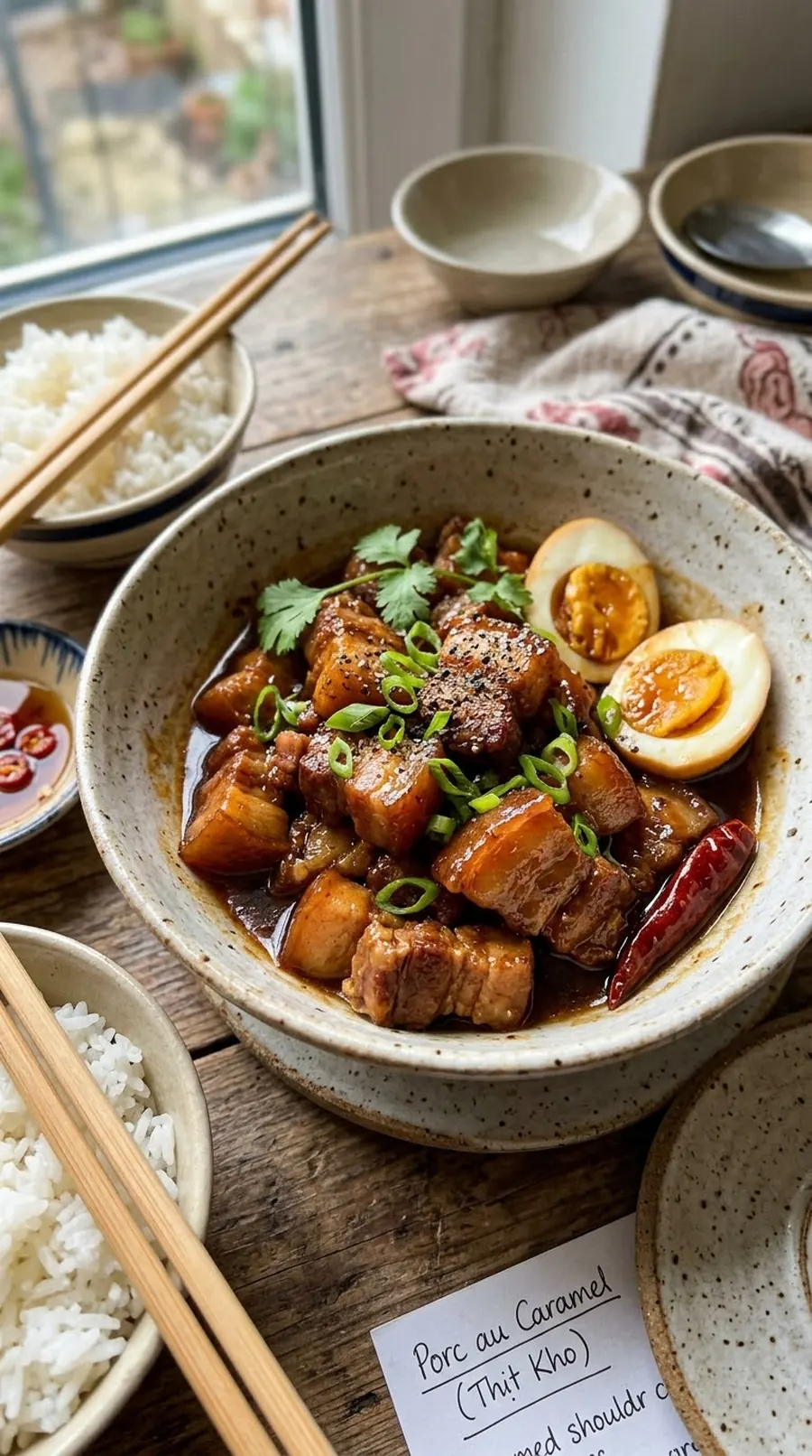 Porc au caramel, thịt kho, œuf mollet et riz blanc